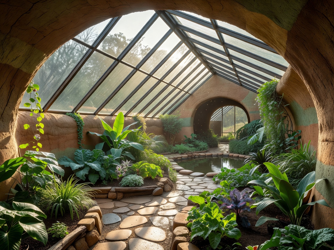 Interior greenhouse of an earthship utilizing angled solar glass