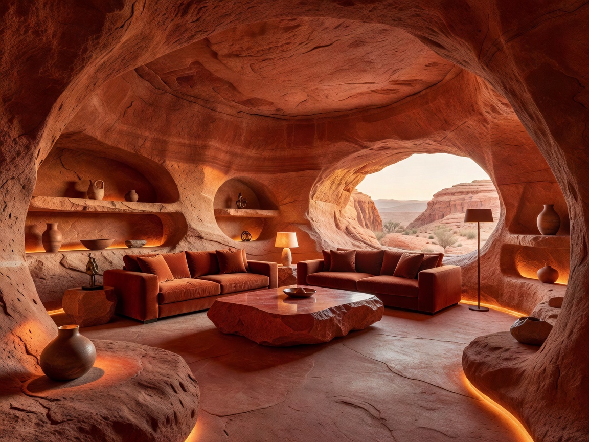 A luxurious living room carved seamlessly out of warm red sandstone