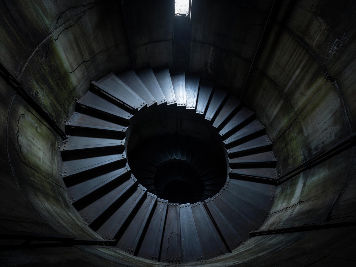 A deep steel spiral staircase descending into darkness