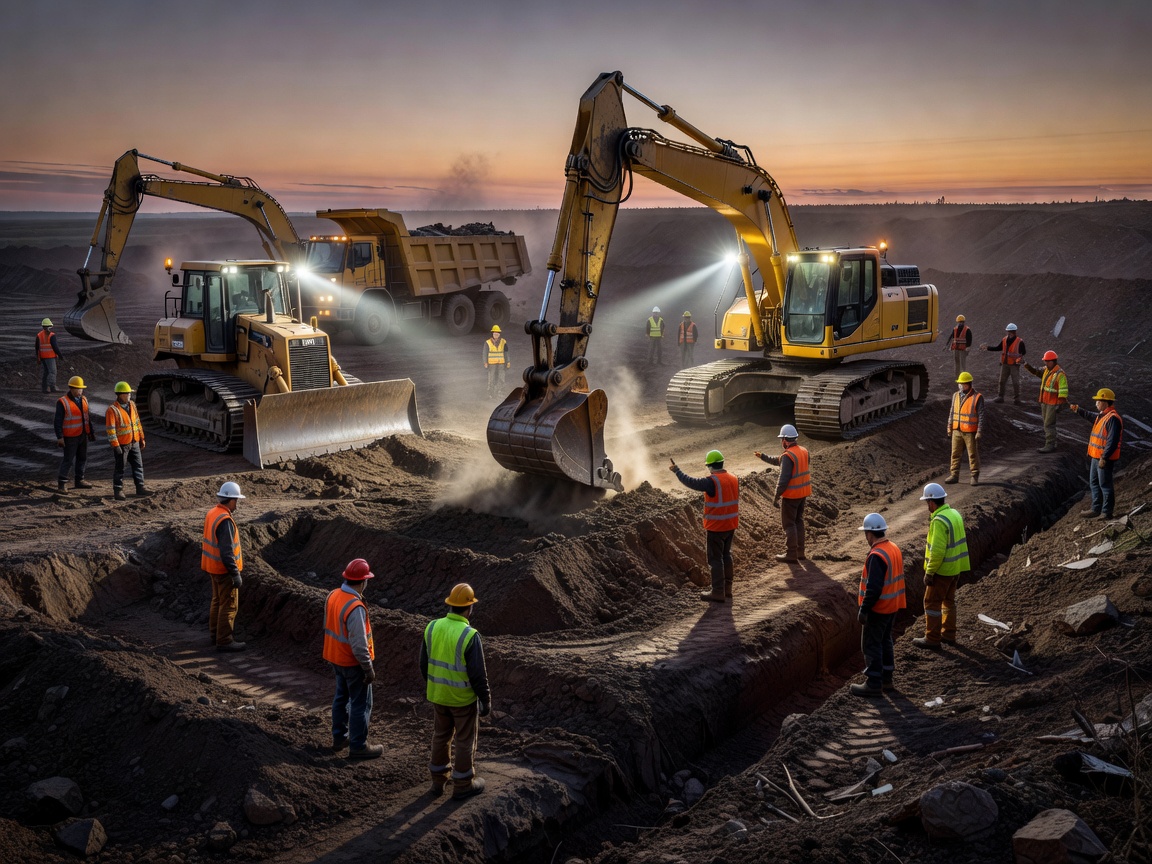 Heavy earthmoving equipment preparing a site at dusk